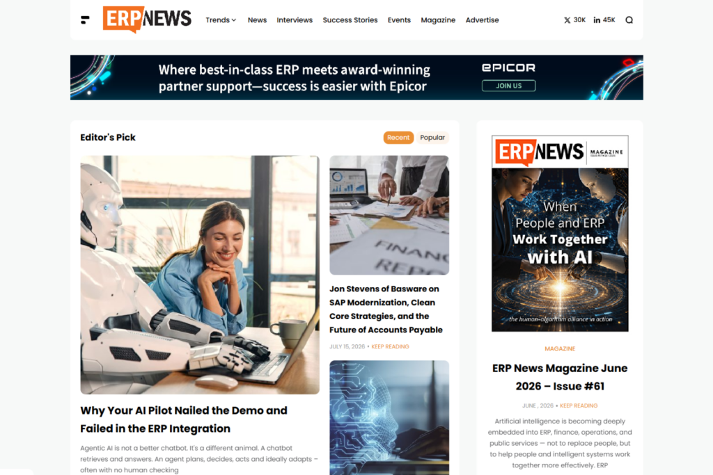 ERP News homepage featuring ERP, AI, and enterprise software articles