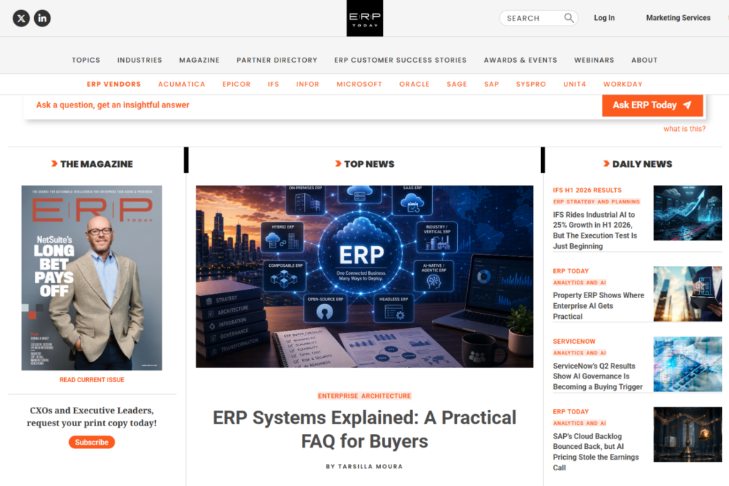 ERP Today homepage featuring ERP, AI, and enterprise technology articles