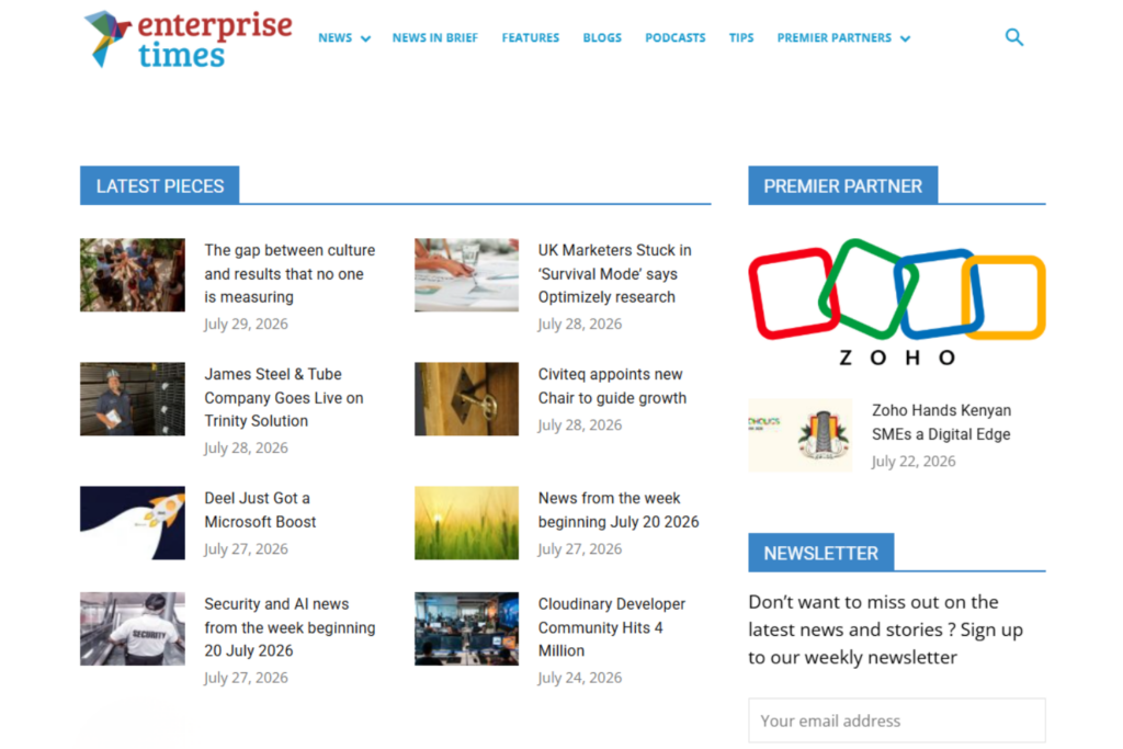 Enterprise Times homepage featuring enterprise technology and software news