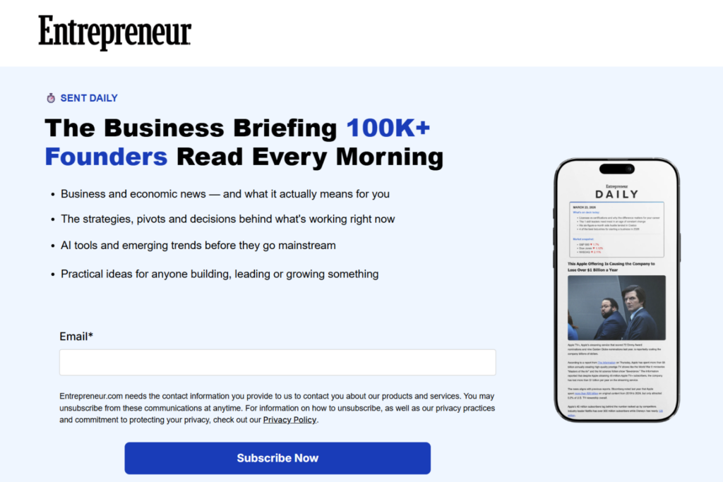 Entrepreneur Daily newsletter signup page