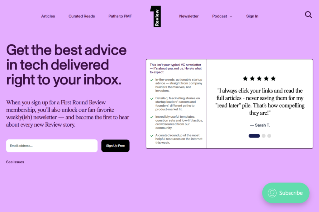 First Round Review newsletter signup page