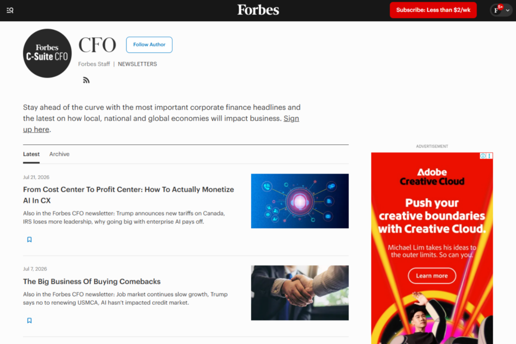 Forbes CFO newsletter page featuring corporate finance articles