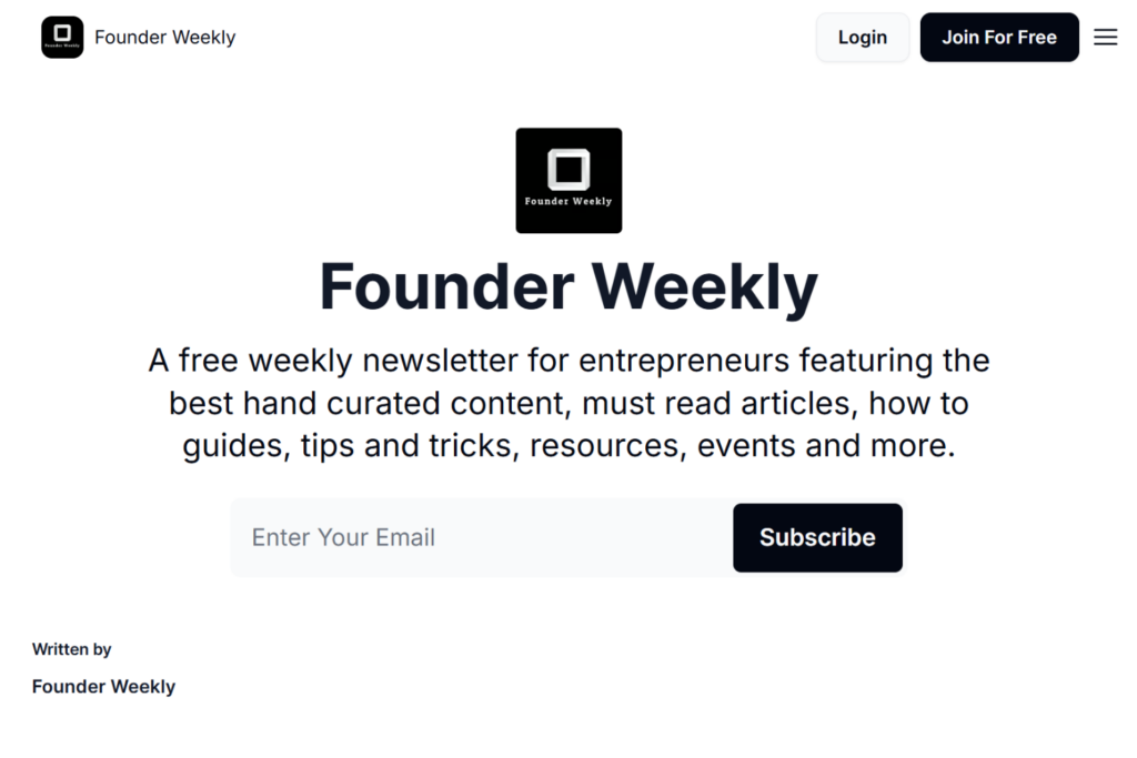 Founder Weekly newsletter signup page