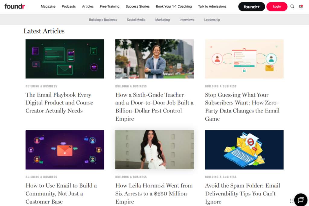 Foundr website with featured entrepreneurship articles