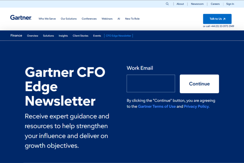 Gartner CFO Newsletter signup page with finance leadership resources
