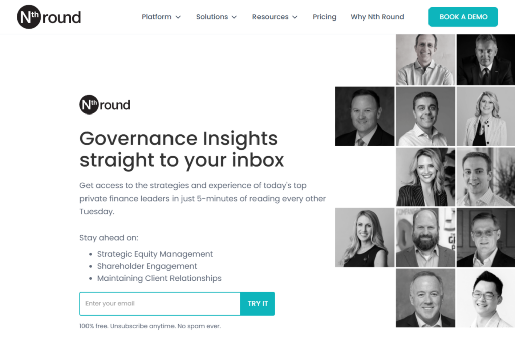 Governance Insights Newsletter signup page with governance topics and finance leaders