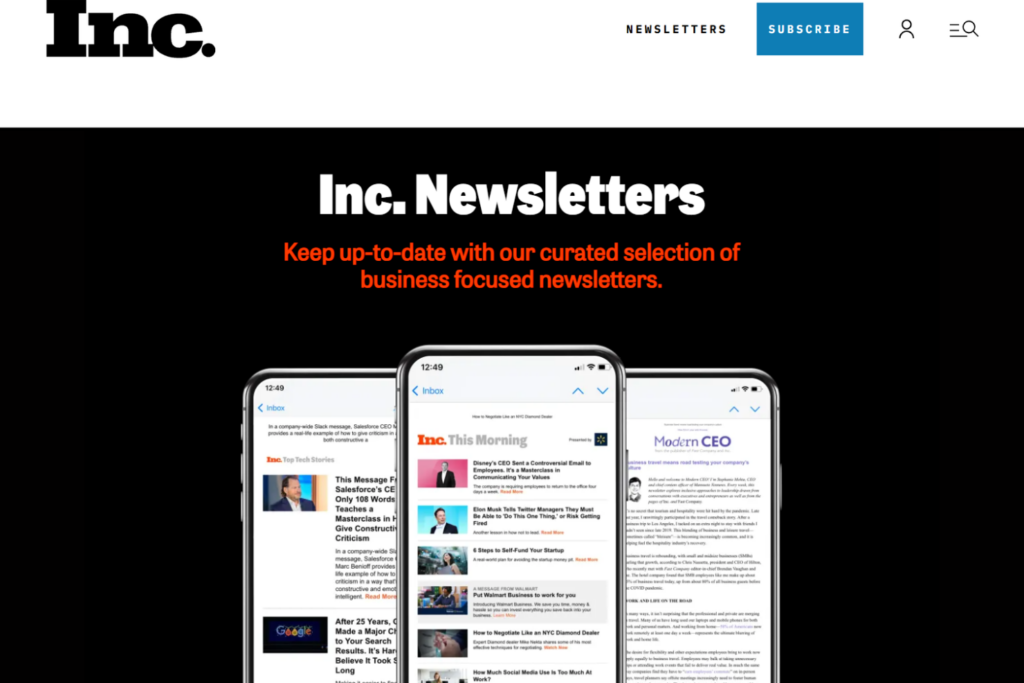 Inc. Newsletters page with featured email publications