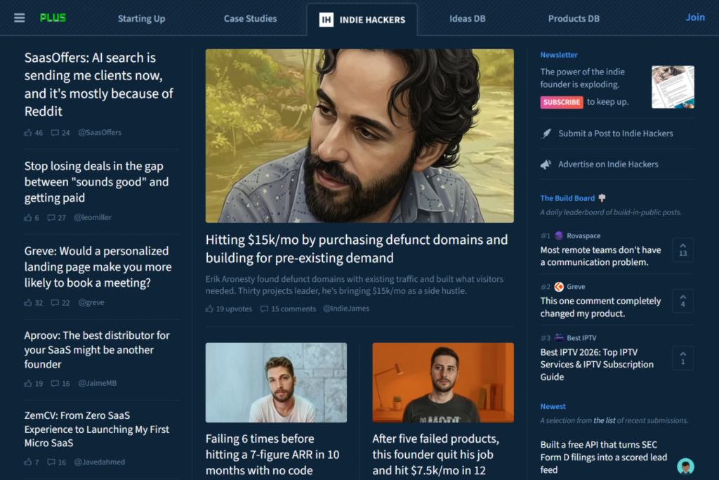 Indie Hackers homepage with founder stories and newsletter