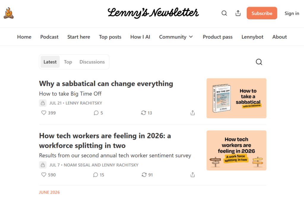 Lenny's Newsletter homepage with recent articles