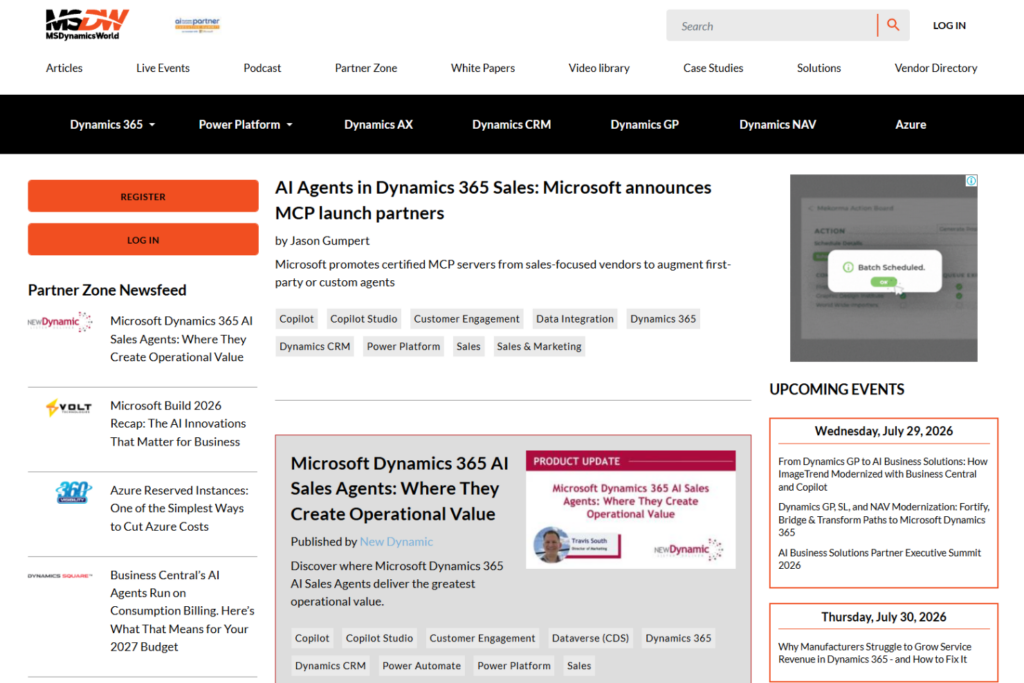 MSDynamicsWorld homepage featuring Microsoft Dynamics 365 news and updates