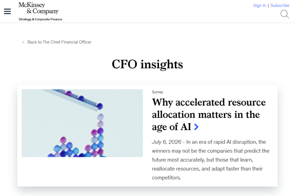 McKinsey & Company CFO Insights page featuring strategy and corporate finance articles