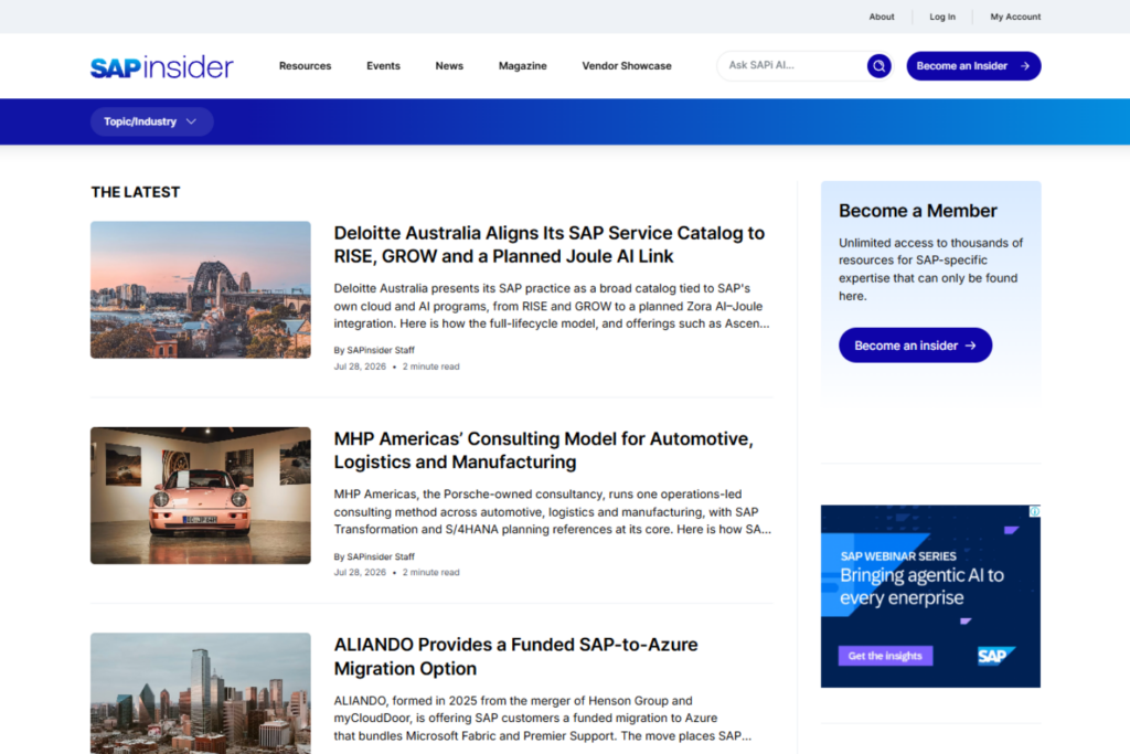 SAPinsider homepage featuring SAP news, resources, and expert articles