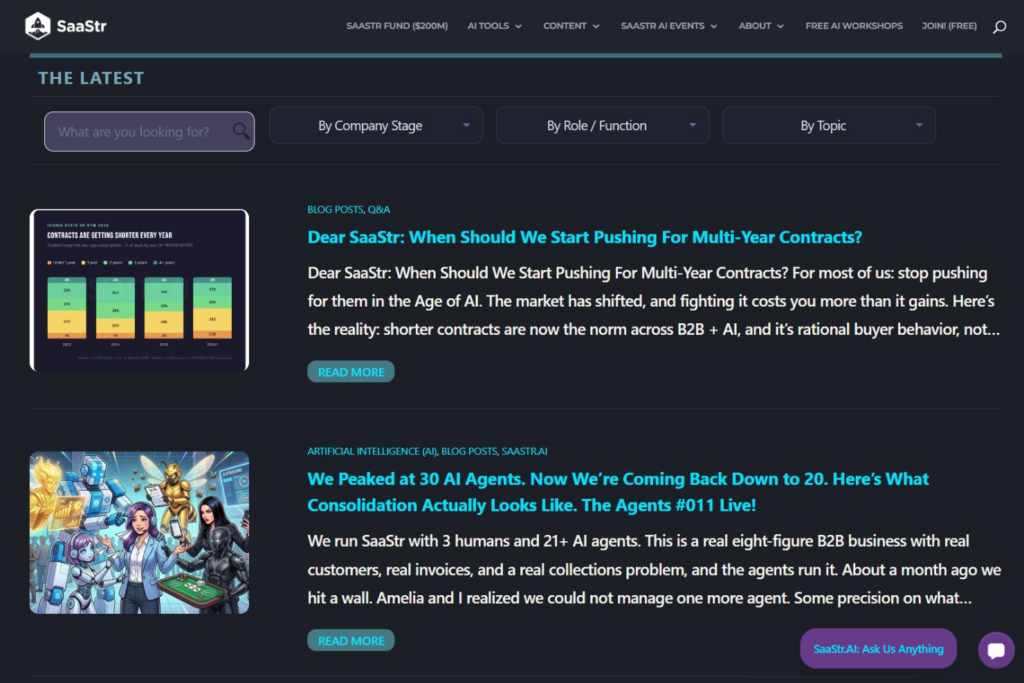 SaaStr homepage with recent SaaS and AI articles
