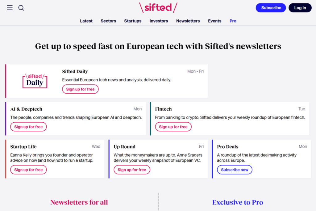 Sifted newsletters page listing technology topics