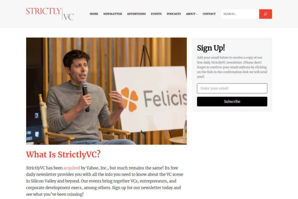 StrictlyVC newsletter signup page