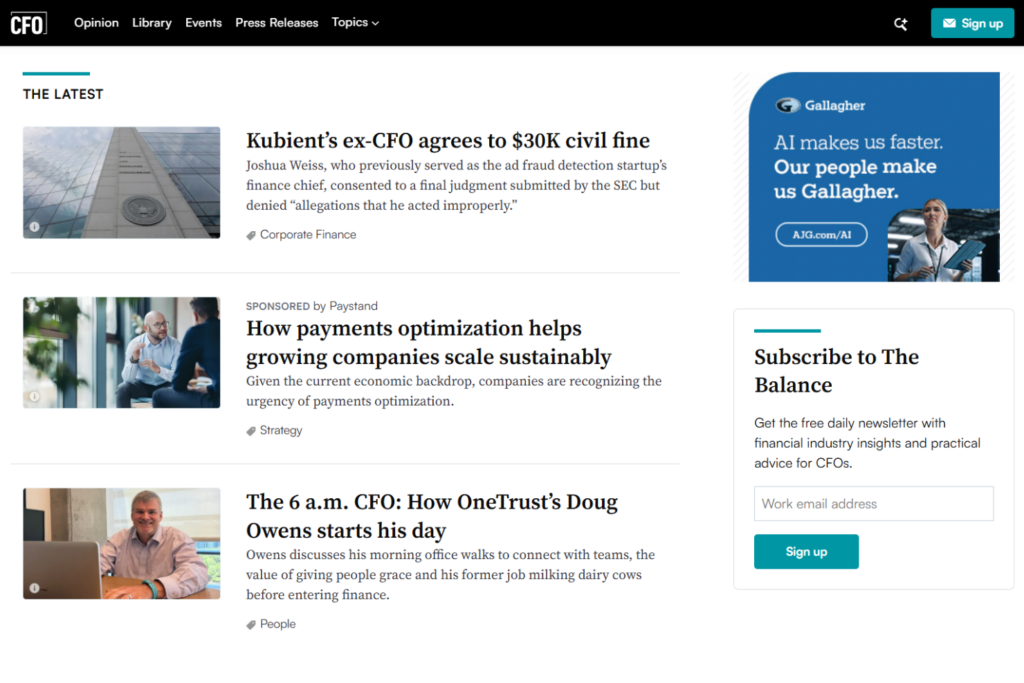 The Balance newsletter signup alongside CFO news and feature stories