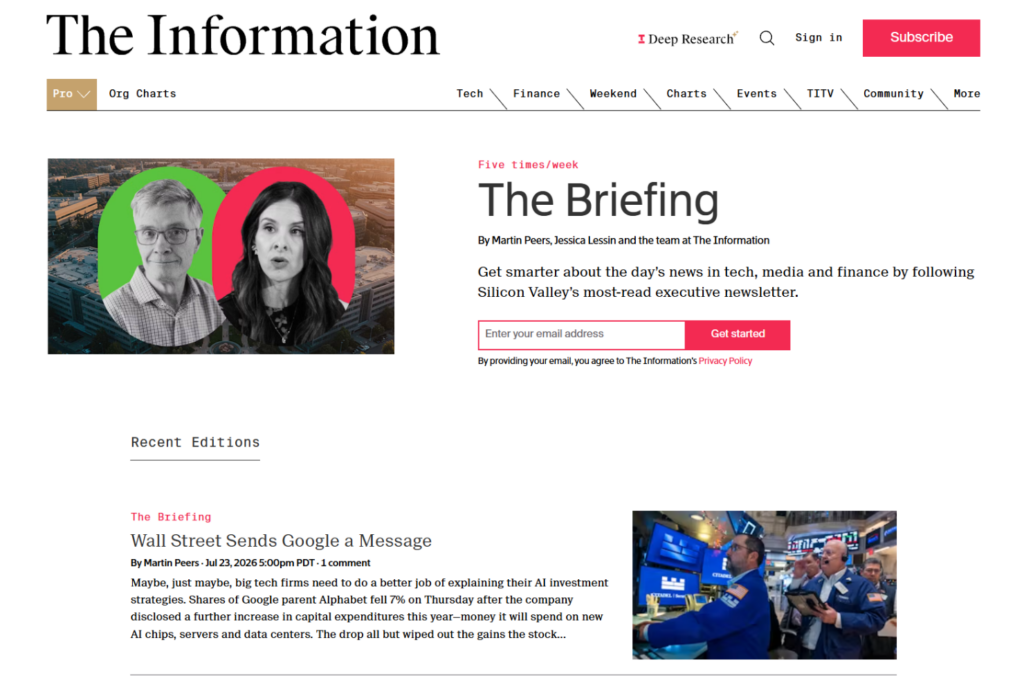 The Briefing newsletter homepage and signup section