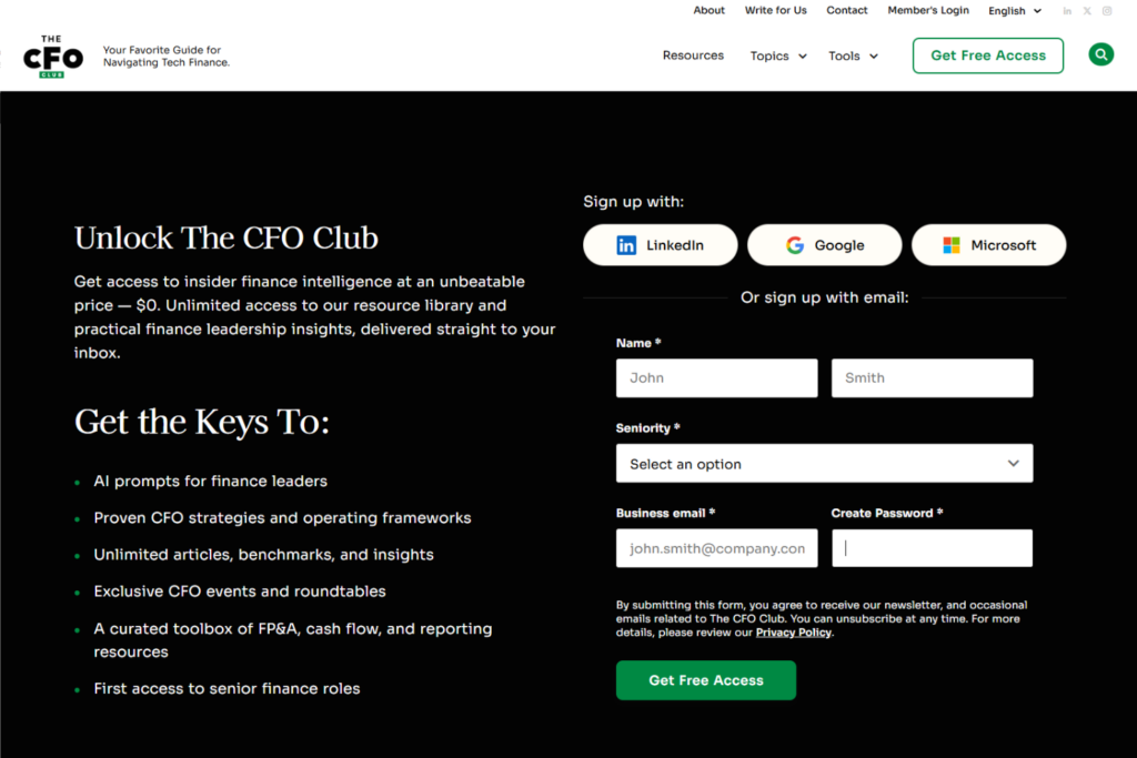 The CFO Club newsletter signup page with finance leadership resources