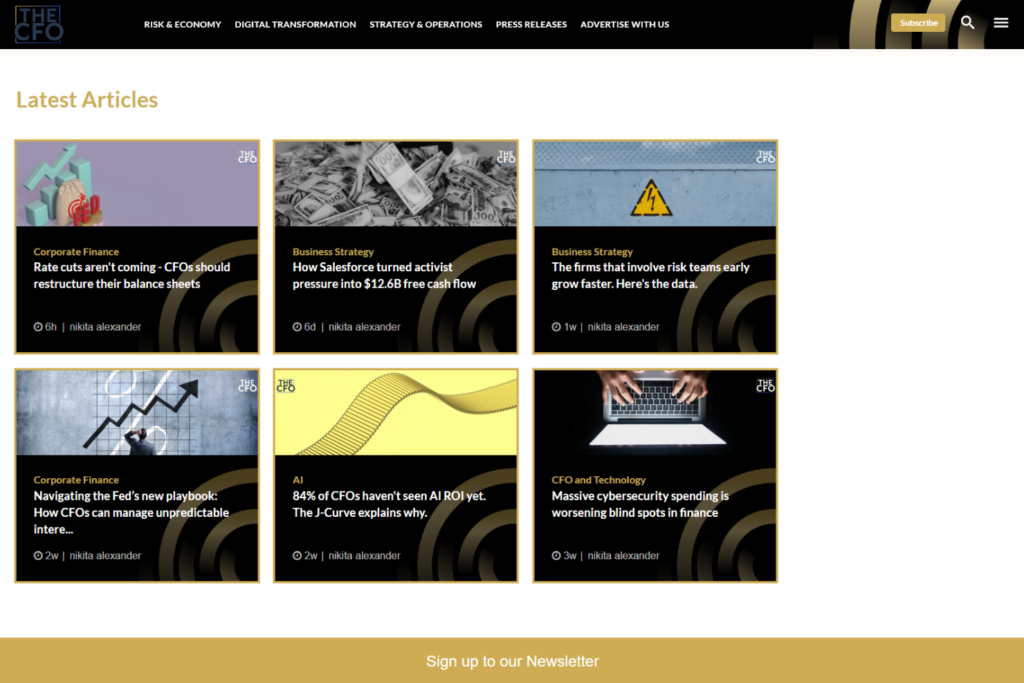 The CFO homepage with finance articles and newsletter signup