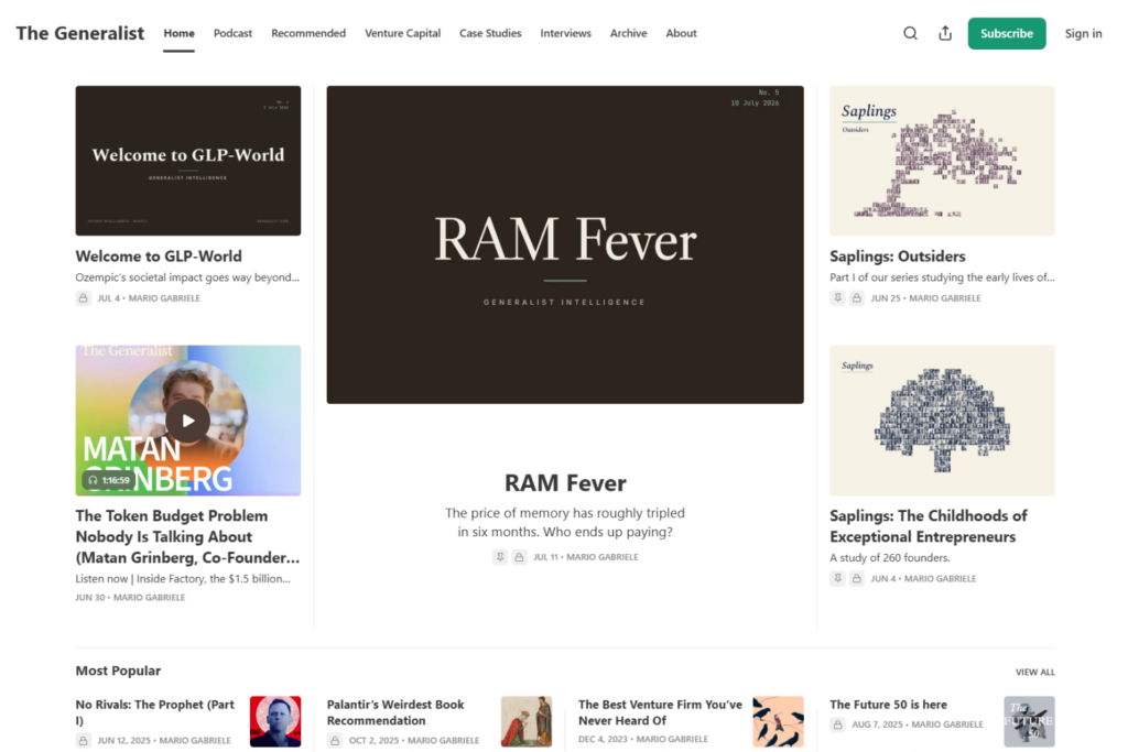 The Generalist homepage with featured startup analysis