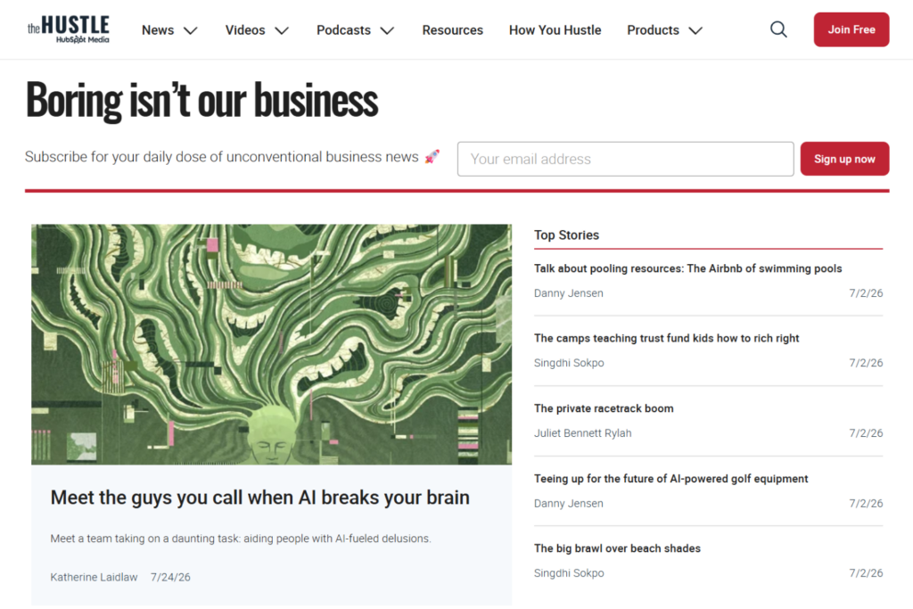 The Hustle newsletter homepage