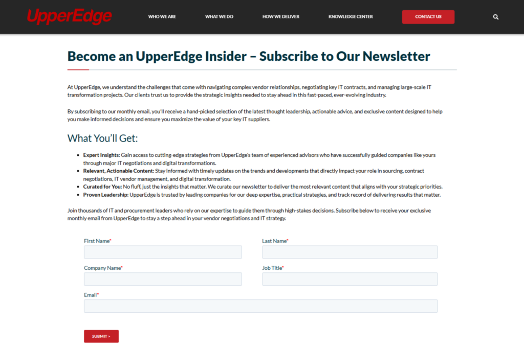 UpperEdge newsletter signup page for IT sourcing and vendor strategy insights