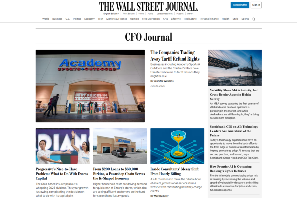 WSJ CFO Journal page featuring finance leadership and business news