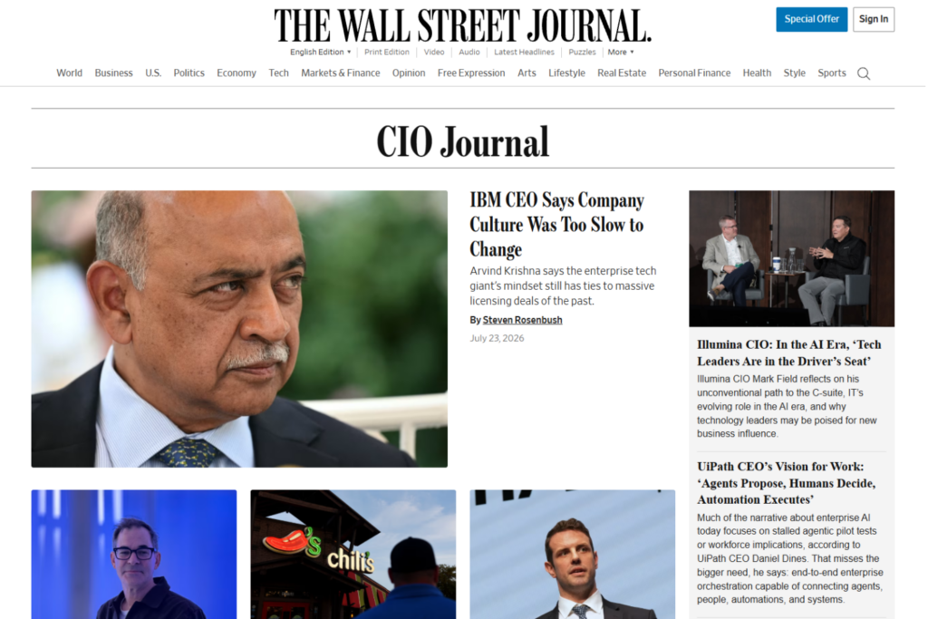 WSJ CIO Journal homepage featuring technology leadership and AI news