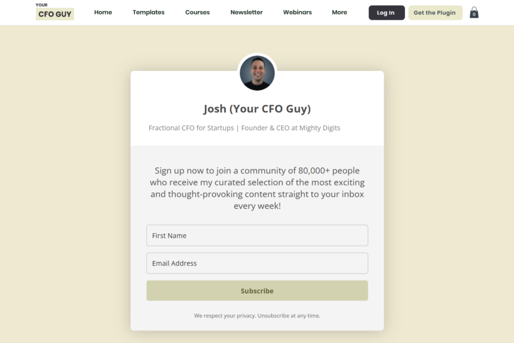 Your CFO Guy newsletter signup page with startup finance resources