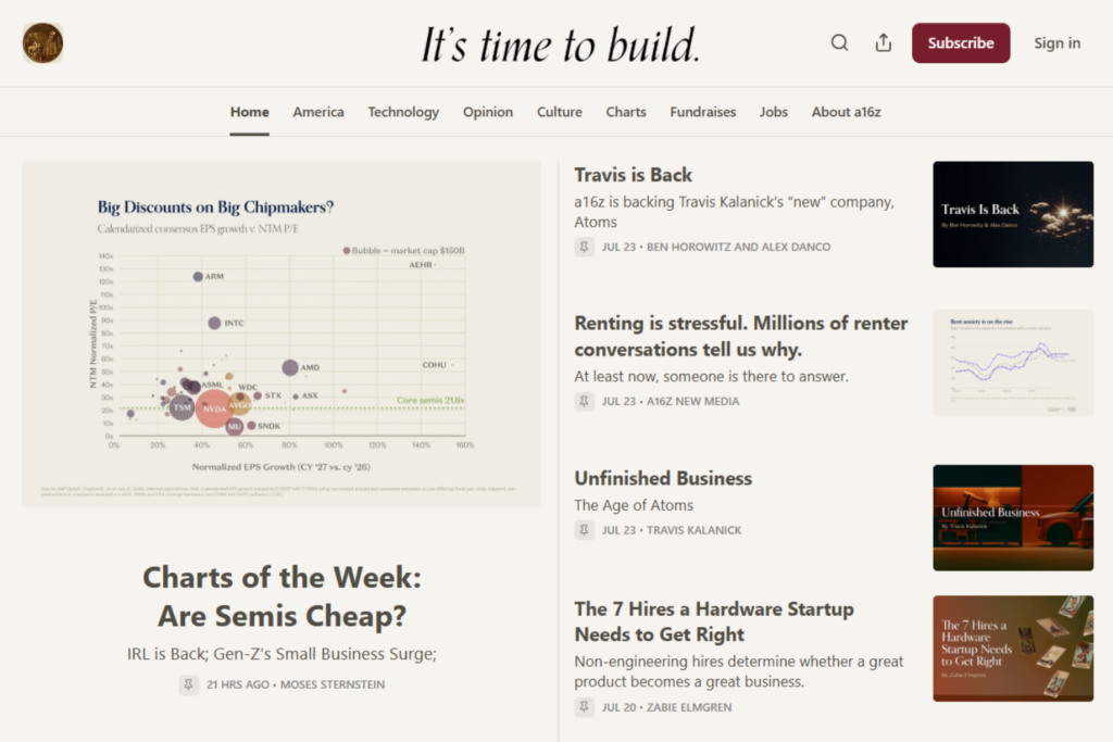 a16z News homepage with featured stories