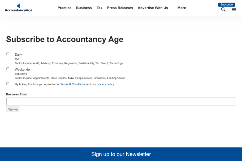 Accountancy Age newsletter subscription page with daily and weekend email options