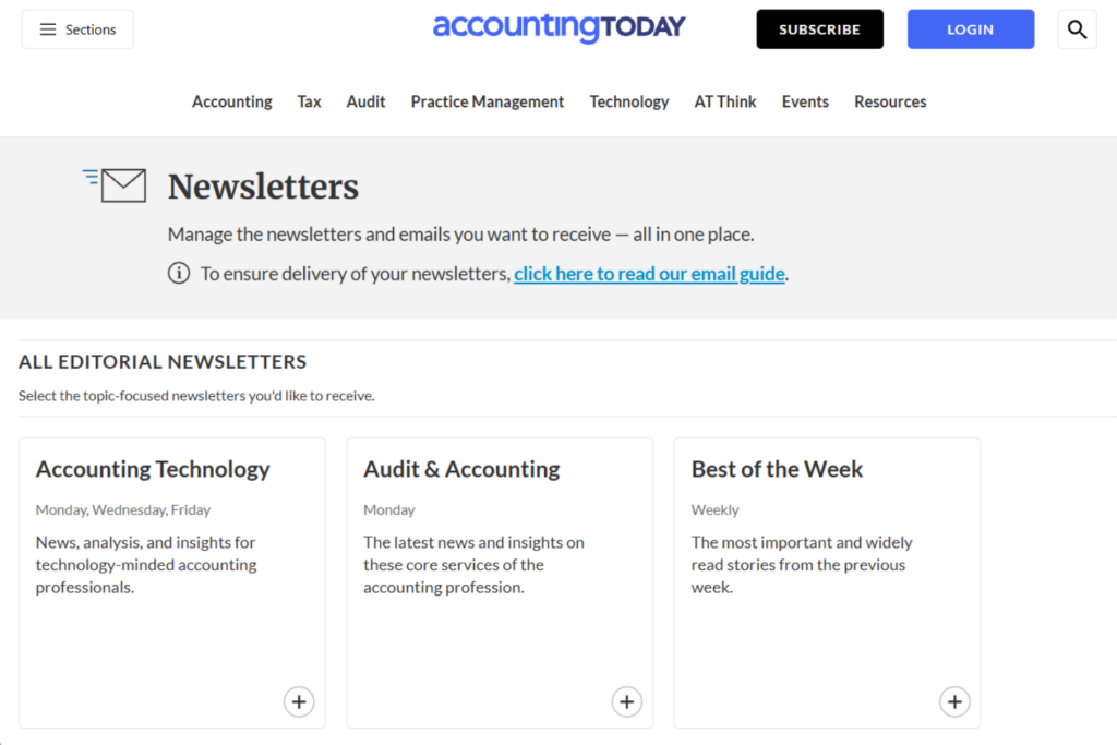 Accounting Today newsletter subscription page with topic-specific newsletter options