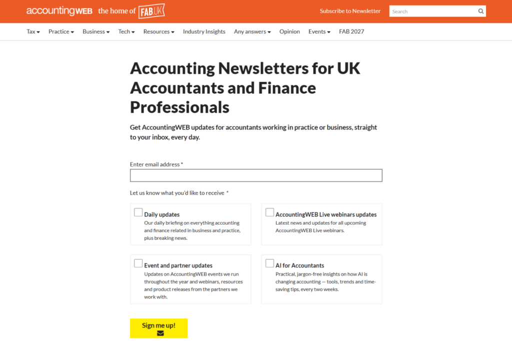 AccountingWEB newsletter sign-up page with subscription options for accountants