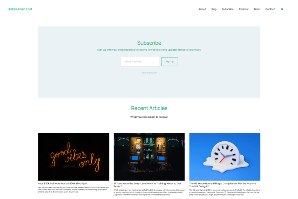 Blake Oliver's Newsletter subscription page with recent accounting articles