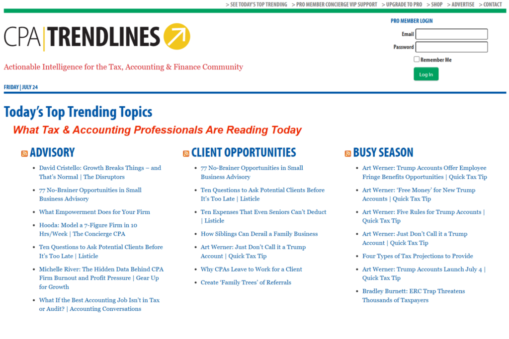 CPA Trendlines homepage featuring trending topics for tax and accounting professionals