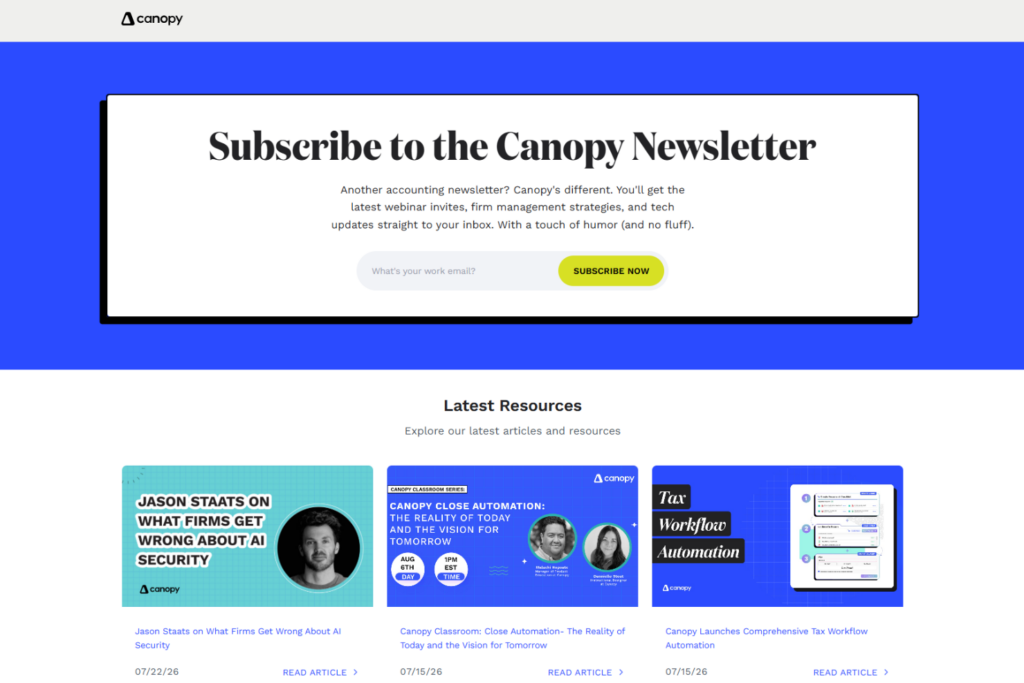 Canopy Newsletter subscription page with featured webinars and accounting resources