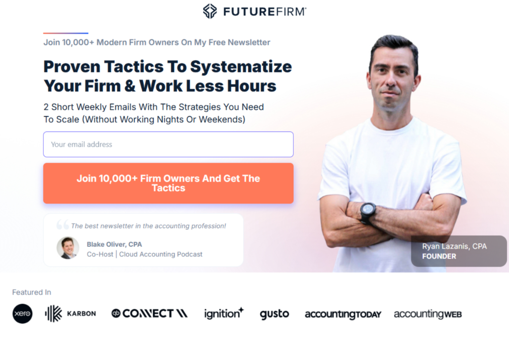 Future Firm Newsletter sign-up page promoting weekly strategies for firm owners