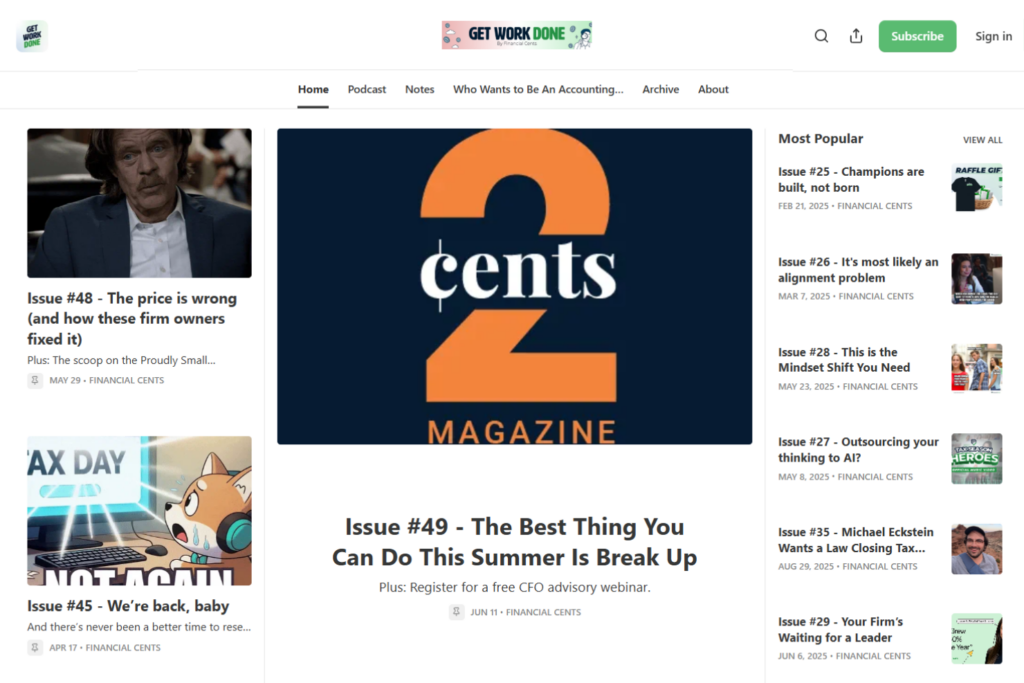 Get Work Done newsletter homepage featuring recent issues for accounting firm owners