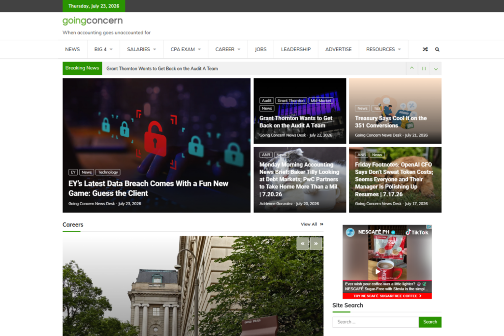 Going Concern homepage featuring accounting news and career articles
