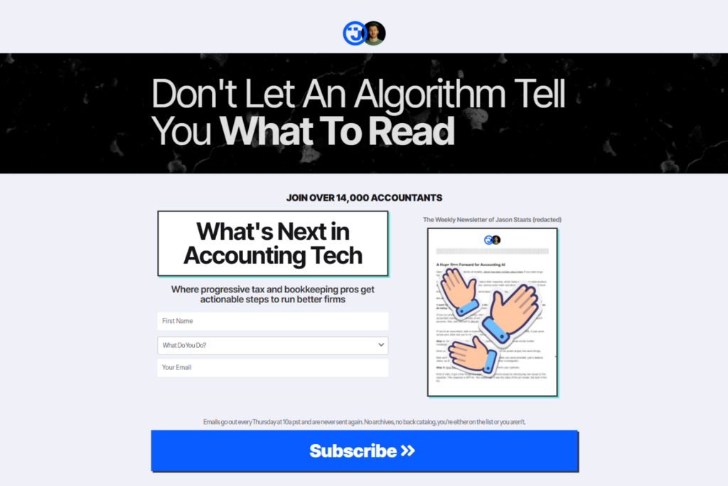 Jason Staats' Newsletter subscription page for accounting technology insights.