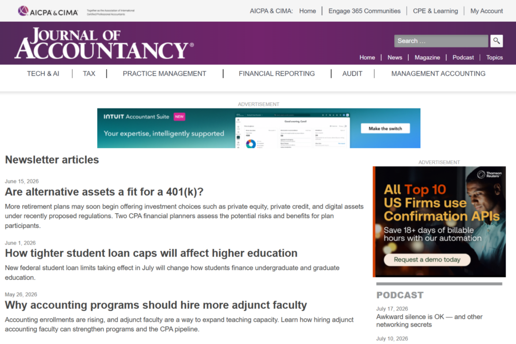 Journal of Accountancy newsletter page with recent accounting and finance articles