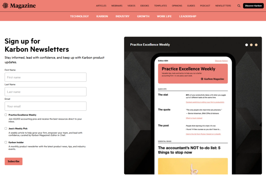 Practice Excellence Weekly newsletter sign-up page with accounting firm resources