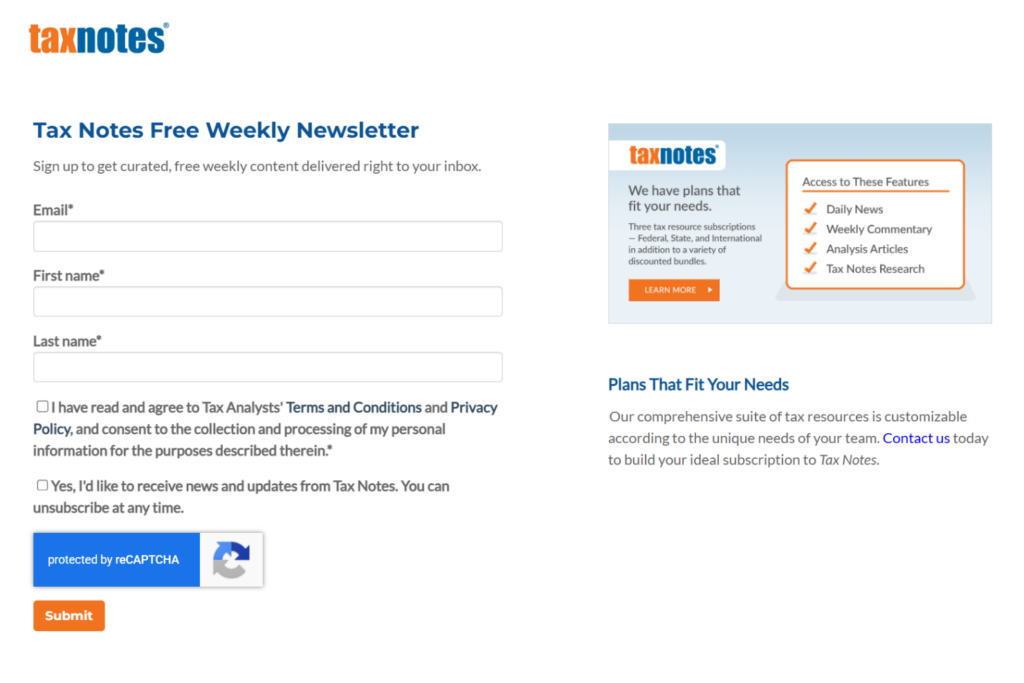 Tax Notes weekly newsletter sign-up page with email subscription form