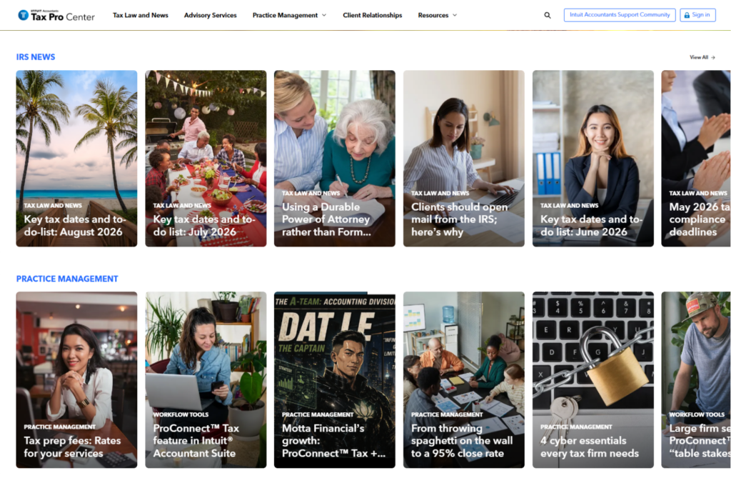 Tax Pro Center homepage featuring IRS updates and practice management articles