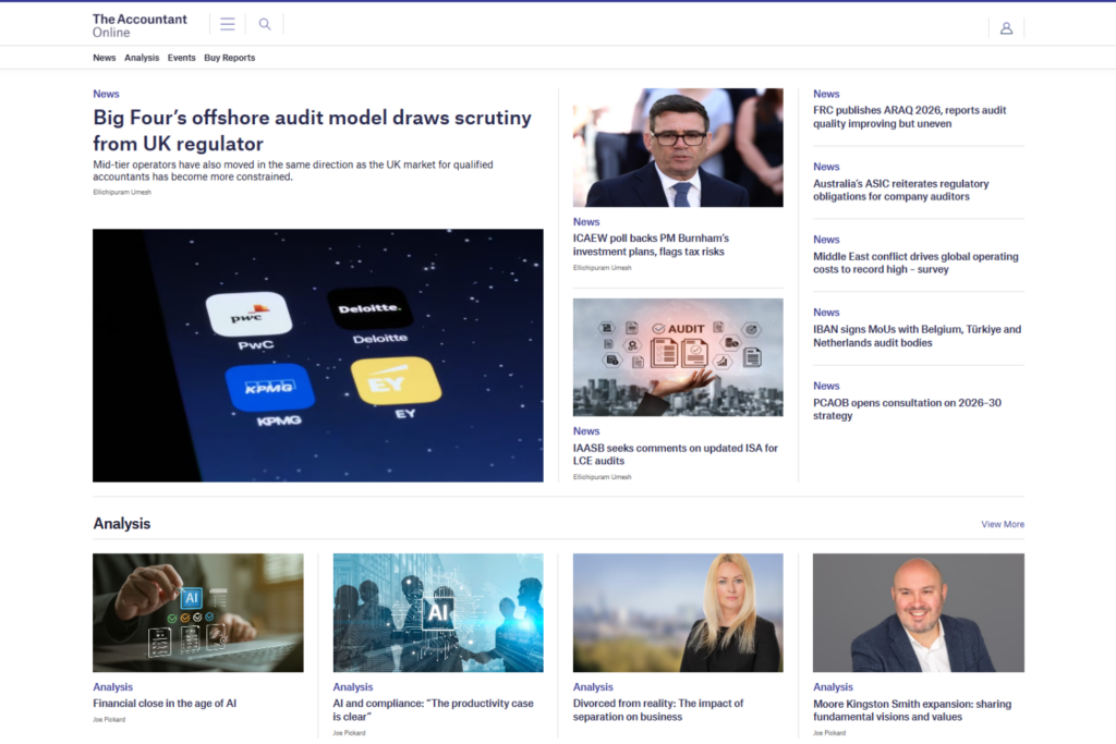TA Online homepage featuring audit, regulation, and business analysis articles