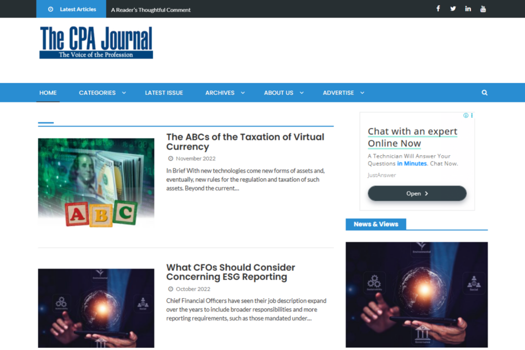 CPA Journal homepage featuring articles on taxation and ESG reporting