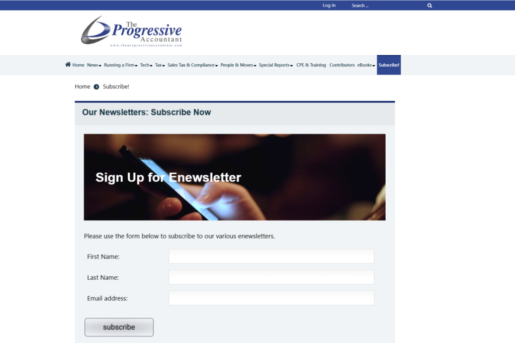 The Progressive Accountant newsletter subscription page with email registration form