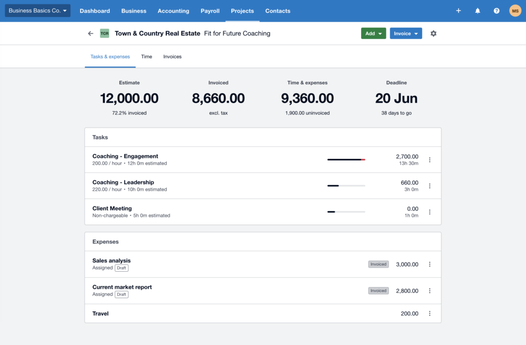 Xero's industry-specific feature screenshot