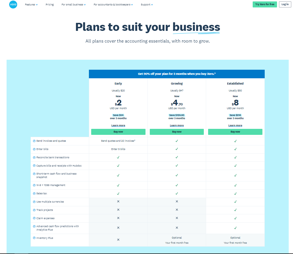 Xero's pricing tier screenshot