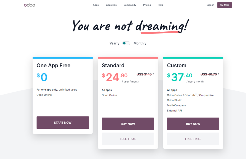 Odoo's pricing tier screenshot